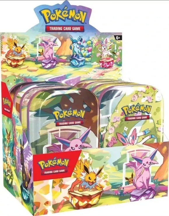 Pokemon Scarlet & Violet Prismatic Evolutions Mini Tin - 8 Tin Display Box